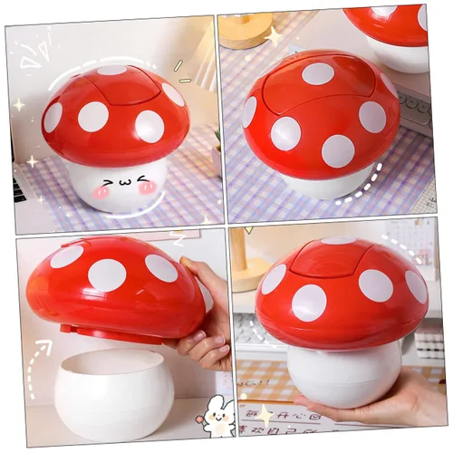 Vista 8 de Lindo cubo de basura con forma de hongo con tapa oscilante, cubo de basura para escritorio, cubo para sala de estar