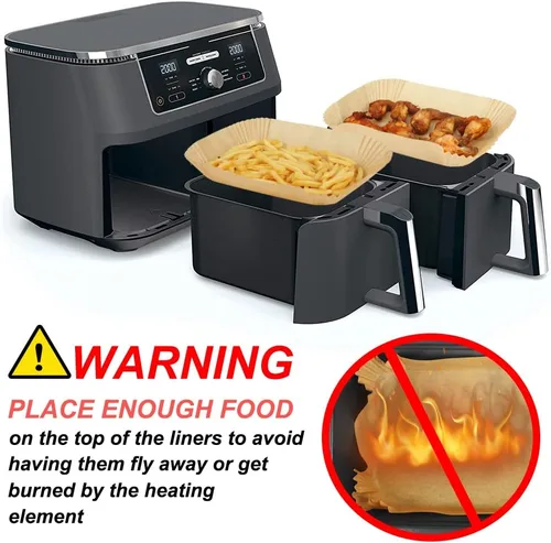 Vista 6 de BYKITCHEN Forros de papel desechables para freidora de aire Ninja Dual Airfryer, 100 PCS hojas de papel pergamino rectangulares para freidora