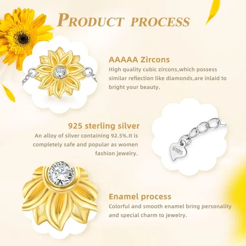 Vista 3 de SNZM Pulseras para mujer de plata de ley 925 con diseño de girasol, cadena ajustable con dije de corazón, eslabones de cumpleaños, joyería