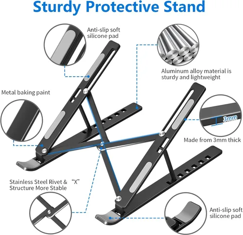 Vista 6 de Soporte para laptop de escritorio, soporte de aluminio para MacBook, elevador de computadora para escritorio, soporte portátil plegable ajustable