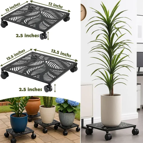 Vista 2 de Paquete de 1 carrito cuadrado de metal de 12 pulgadas con ruedas, soporte grande para plantas rodantes para interiores y exteriores, carrito