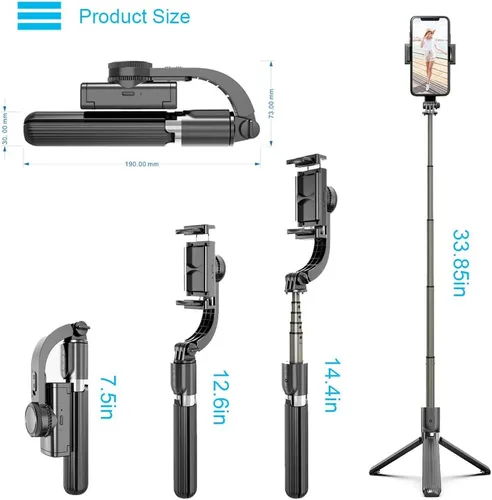 Vista 6 de Trípode inteligente antivibraciones para selfie stick de 33.85 pulgadas, barra de aluminio extensible con control remoto inalámbrico extraíble