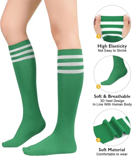 Vista 3 de Calcetines deportivos hasta la rodilla para mujer, para deportes al aire libre, medias altas hasta el muslo, calcetines casuales a rayas