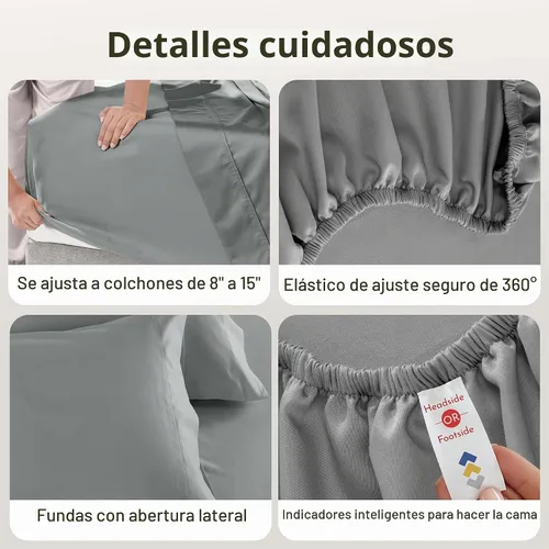 Vista 6 de California Design Den Juego de sábanas de 100% tejido de satén de algodón de 600 hilos, transpirables, suaves, para cama ajustable, gris oscuro 10