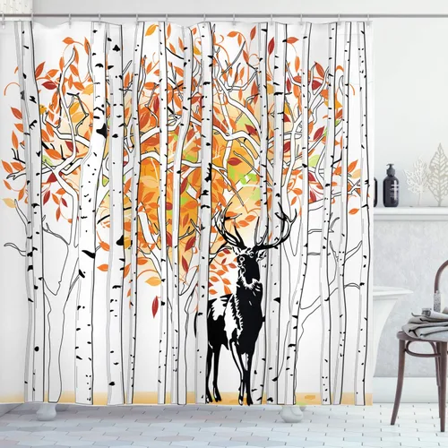 Vista 17 de Ambesonne Cortina de ducha de ciervos, ciervos en el bosque, colores otoñales, árboles, follaje, arte estacional, tela de tela, juego de decoración