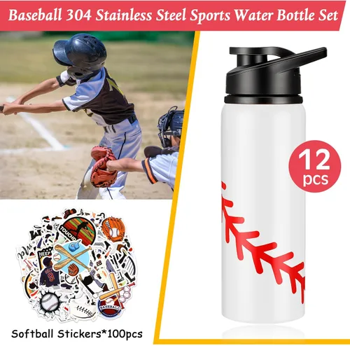 Vista 2 de Gerrii 12 botellas de agua de béisbol a granel de 20 onzas con tapa a presión, botellas reutilizables, 100 calcomanías, calcomanías de premio