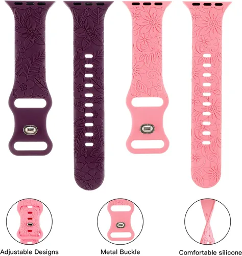 Vista 3 de Correa deportiva de silicona con grabado floral compatible con Apple Watch de 1.575 in, 1.614 in, 1.496 in, 1.654 in, 1.732 in, 1.772 in y 1.929 in