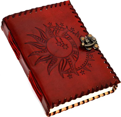 Vista 4 de Diario en relieve de Sun & Moon, diario de 240 páginas, diario vintage, diario Sun Moon, cuaderno de bocetos de cuero, cuaderno de cuero, diario