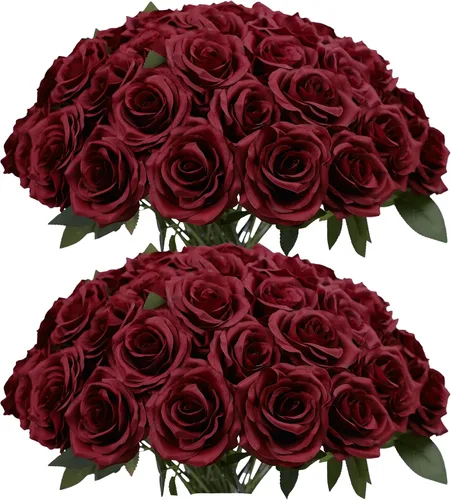 Vista 27 de Flores artificiales de rosa, rosas artificiales, rosas de seda, rosas falsas de aspecto real con tallos para manualidades, ramos de boda, centros