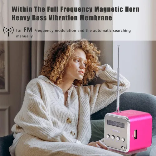 Vista 3 de Eboxer - Mini altavoz portátil con reproductor de música, radio FM, altavoz estéreo, soporte para tarjeta TF y disco U, diseño breve, mini altavoz