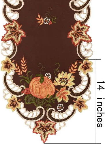 Vista 4 de Caminos de mesa bordados marrones de cosecha de Acción de Gracias para decoraciones de otoño u otoño (14 x 34 pulgadas)