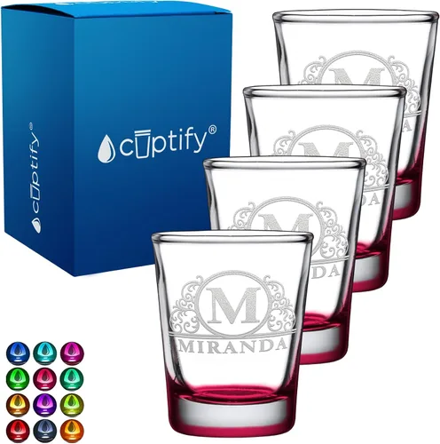 Vista 22 de Vaso de chupito personalizado con nombre de círculo elaborado de 2 onzas, parte inferior negra grabada con texto personalizado para regalos, bodas