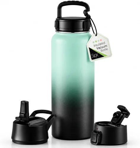 Vista 108 de SIPX™ Botella de Agua Aislada de 18 oz con 3 Tapas – Acero Inoxidable a Prueba de Fugas, Triple Aislamiento – Frío 24 Horas/Caliente 12 Horas – Negro