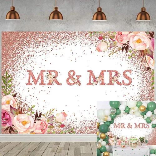 Vista 3 de Telón de fondo de boda de 5 x 3 pies con texto en inglés "Mr and Mrs Bridal Shower Fotografía", flores de oro rosa rosa con flores de novia