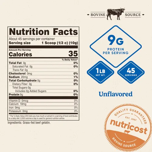 Vista 2 de Nutricost Polvo de gelatina de carne de res alimentada con pasto (1 libra), sin sabor, 0.32 onzas de proteína por porción, sin OMG, sin gluten, 45