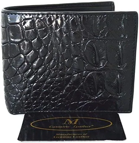 Vista 2 de Auténtico M piel de cocodrilo para hombre Bifold Backbone cuero negro cartera