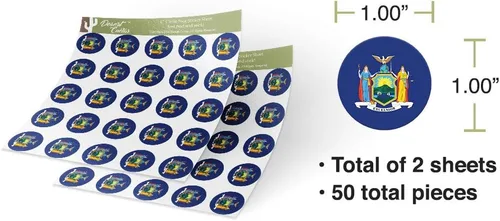 Vista 3 de Adhesivos de vinilo con la bandera del estado de Nueva York, redondas, 2 hojas, 50 piezas en total, con logotipo de NY para niños, álbum