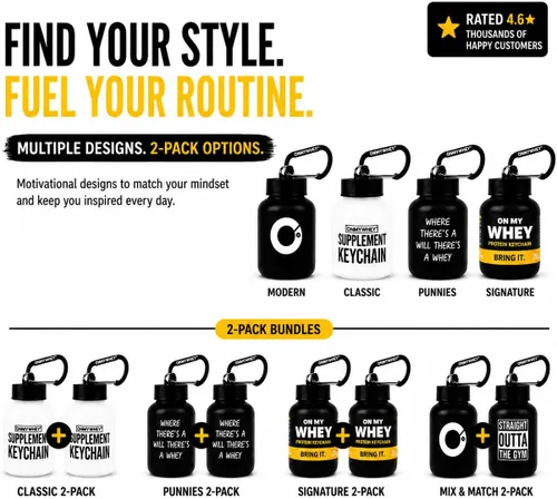 Vista 11 de OnMyWhey - Llavero de embudo de proteína en polvo y suplemento, contenedor portátil para el gimnasio, entrenamientos, fitness y viajes - Aprobado