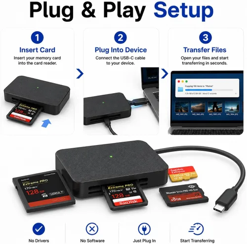 Vista 6 de Acuvar - Lector de tarjetas de memoria, adaptador de lector de tarjetas Acuvar 4 en 1 USB USB-C a SD Micro SD MS CF compatible con iPhone 15