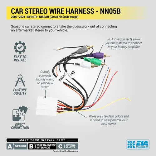 Vista 4 de Scosche NN05B Arnés de cableado de radio de coche compatible con vehículos Infiniti y Nissan amplificados de fábrica seleccionados 2007-2021 - Kit