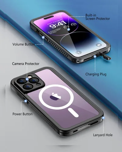 Vista 5 de Unitedtime - Funda magnética para iPhone 14 Pro Max, resistente al agua, con protector de pantalla integrado, compatible con MagSafe a prueba