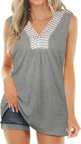 Vista 3 de XIEERDUO Camisetas sin mangas con cuello en V y encaje de ganchillo para mujer