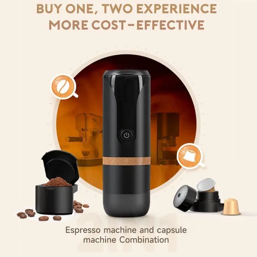 Vista 2 de Cafetera eléctrica portátil de café expreso, cafetera eléctrica compatible con cápsulas NS y posos de café para campamento, viajes, hogar. Versión