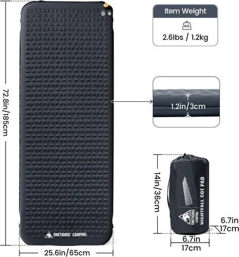Vista 14 de ONETIGRIS Colchón de catre de camping Nightfall, cómoda almohadilla de dormir autoinflable para cuna, ligera, antideslizante, desinflación rápida