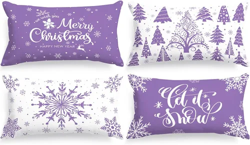 Vista 23 de Lanpn Fundas de Cojín Lumbar Navideñas de 12x20, 4 piezas, Blanco y Negro Feliz Navidad Xmas Invierno Copo de Nieve Fundas de Almohada de Cojín