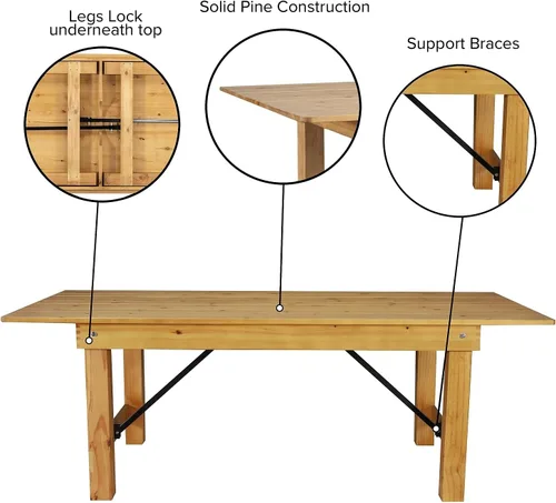 Vista 5 de Flash Furniture HERCULES - Mesa de granja plegable rectangular de pino macizo rústico antiguo de 8' x 40", color natural claro Grado comercial