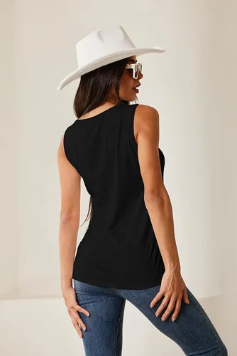 Vista 6 de Lindas camisetas de verano para mujer, estilo casual, sin mangas, ajuste holgado, cuello redondo, con anillo en O
