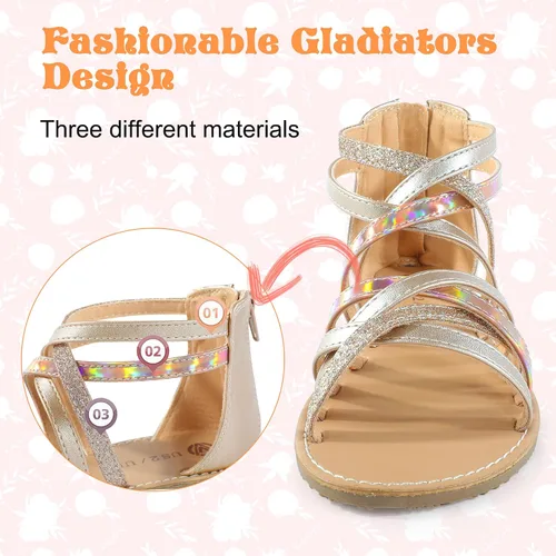 Vista 2 de Sandalias de gladiador para niñas con puntera abierta, sandalias de verano transpirables con cremallera en el talón (niños pequeñosniños grandes)