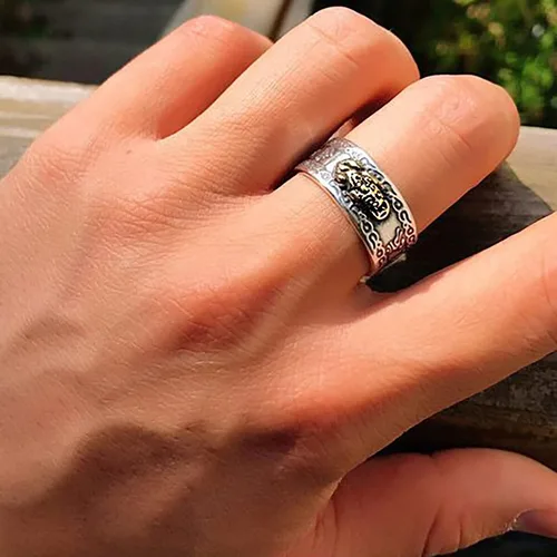 Vista 3 de Kucheed Anillo de mantra Feng Shui PiXiu, anillos budistas de plata de buena suerte, joyería de amuleto MANI, doble protección, riqueza amor salud