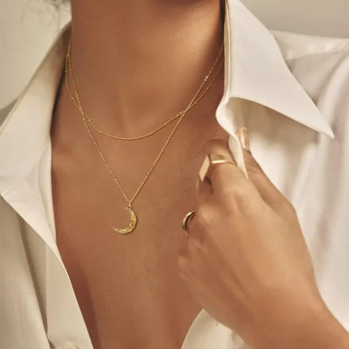 Vista 5 de Collar de estrella de luna en capas con circonita cúbica chapada en oro de 14 quilates, delicado dije de luna creciente, collar de disco de moneda