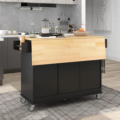 Vista 3 de Carrito móvil de isla de cocina de 52.7 pulgadas con organizadores y almacenamiento superior de madera maciza y ruedas de bloqueo, armario