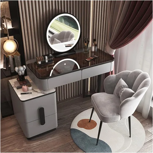 Vista 13 de Tocador de maquillaje, mesa de cristal, tocador, moderno, simple, avanzado, de madera, para dormitorio, almacenamiento, tocador, espejo inteligente