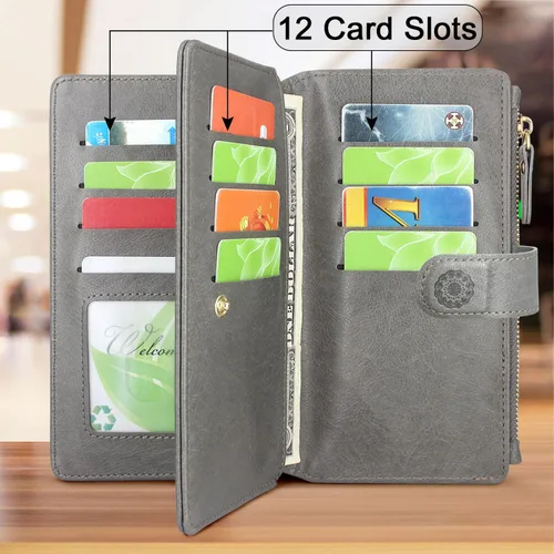 Vista 4 de Harryshell Funda de cuero desmontable con cremallera magnética con bolsillo para monedas, 12 ranuras para tarjetas, correa de muñeca para Samsung