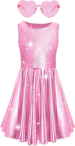 Vista 2 de Vestido metálico brillante para niñas, vestidos plisados acampanados con lentes de sol, ropa de baile para fiesta, disfraces
