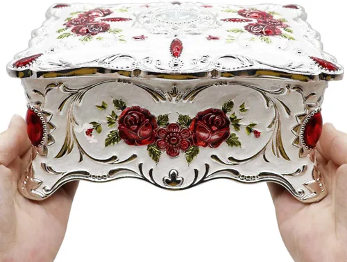 Vista 5 de AVESON Joyero rectangular de aleación de metal de lujo vintage con patrón de rosas para mujeres, niñas, diseño de dos capas, blanco y rojo, grande