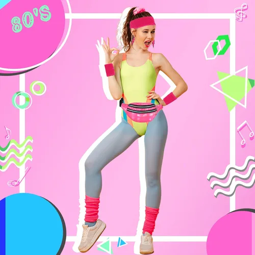 Vista 4 de Juego de accesorios para disfraz de entrenamiento de neón de los años 80, 10 unidades, calentadores de piernas para mujer, diadema de los años 80