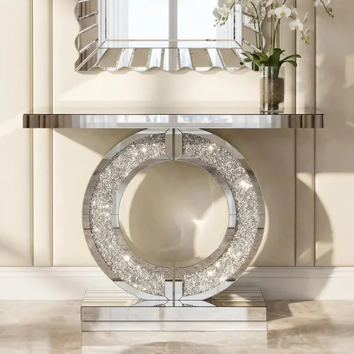 Vista 12 de SSLine Mesa de consola negra con espejo para sala de estar, mesa de entrada moderna de espejo de 43 pulgadas con base de cristal en forma de O