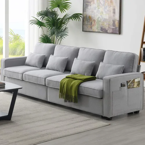 Vista 11 de LUMISOL Moderno sofá de 4 plazas, cómodo sofá modular tapizado con bolsillos para reposabrazos y 4 almohadas, sofá de estilo minimalista para sala