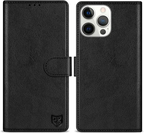 Vista 18 de ZZXX Funda tipo cartera para iPhone 14 Plus con bloqueo RFID, ranura para tarjetas, función atril, cierre magnético, funda protectora de cuero Negro