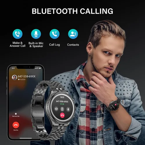 Vista 4 de Reloj inteligente con bisel giratorio 2026 para hombre con llamada Bluetooth, frecuencia cardíaca, presión arterial, SpO2, monitor de sueño, reloj