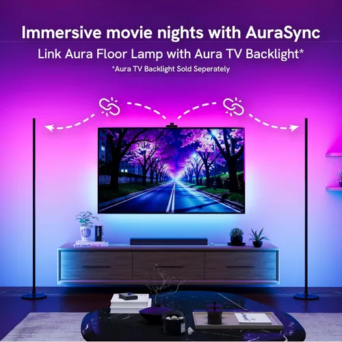 Vista 4 de Lámpara de pie Aura RGBICW, iluminación ambiental LED de esquina con control por aplicación y voz con sincronización de música, 1000 lúmenes, 4 mil