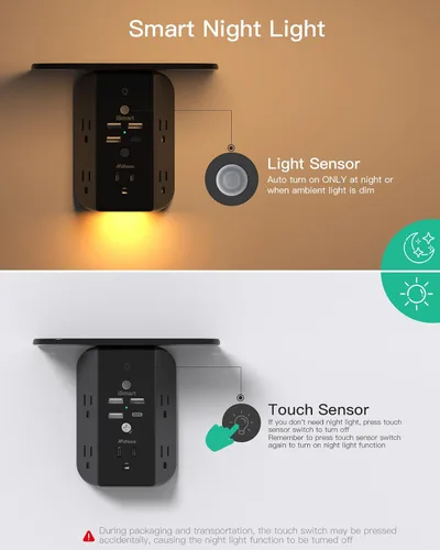 Vista 6 de Extensor de toma de pared con estante y luz nocturna, protector de sobretensiones, cargador de pared USB con 5 salidas de CA y 3 puertos USB A, 1