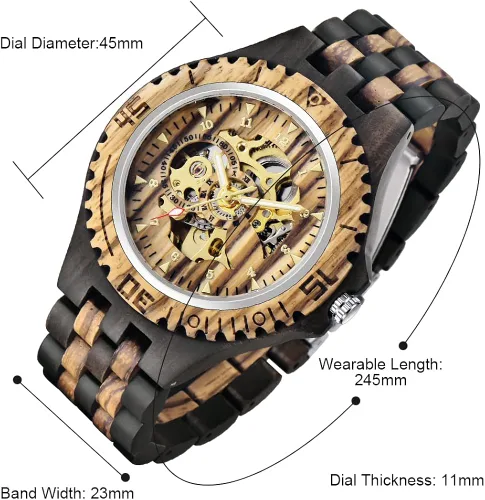 Vista 7 de Dentily Reloj mecánico de madera para hombre, esqueleto con movimiento automático, reloj de madera con números árabes, relojes de cuerda automática