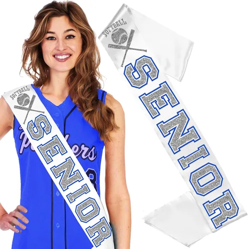 Vista 9 de RhinestoneSash Senior Sash Blue - Royal and Silver Sparkle White PREMIUM GRADE SATIN Sahes - High School Team Sports