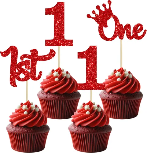 Vista 25 de 24 adornos para cupcakes de primer cumpleaños con purpurina para decoración de pastel de primer cumpleaños, selecciones de cupcakes para niños, baby