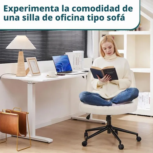 Vista 4 de Silla cruzada con ruedas, asiento ergonómico giratorio sin brazos, cómodo asiento de tocador, respaldo ancho y altura ajustable para hogar, oficina